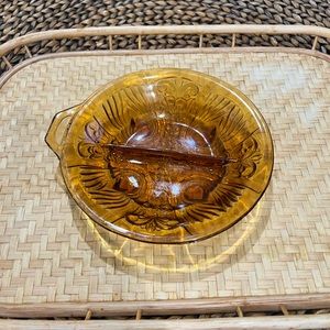 INDIANA GLASS Amber glass Killarney relish/candy dish 2 part